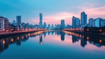 Fototapeta premium A serene skyline view at sunset, reflecting vibrant colors in the calm waters of a river in a bustling city.