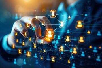 Connecting the Dots of Human Capital: A businessman orchestrates a network of glowing people icons, symbolizing strategic HRM, talent acquisition, and the power of digital transformation in the modern