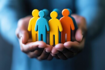 Hands Holding Colorful People: A close-up shot of hands cradling a group of colorful, stylized human figures, symbolizing unity, diversity, and inclusion.  A powerful visual representation of communit