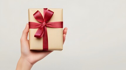 Hand Holding a Gift Box with a Bow: A hand presenting a neatly wrapped gift box with a perfectly tied bow, against a plain white background.
