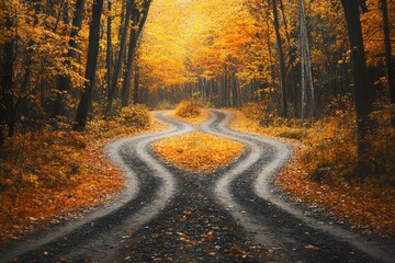 Obraz premium Crossroads: Beautiful Autumn Forest with Two Paths, Symbolizing Decision Making