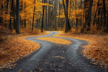 Obraz premium Crossroads Fork In The Road. Which Way to Walk? Decision Making in Autumn Forest