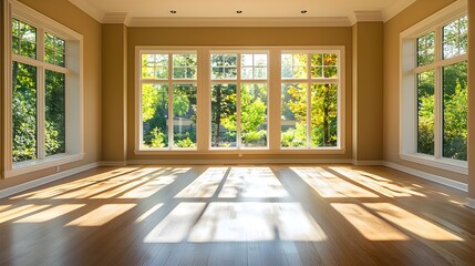 Fototapeta premium A spacious, unfurnished dining room with a large window and hardwood floors, ideal for creating a warm, family-centered space.