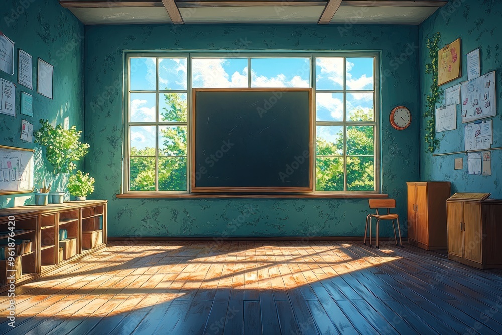 Poster empty classroom with sunlight streaming through window