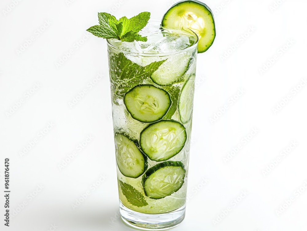 Poster refreshing cucumber detox water infused with slices of cucumber and mint