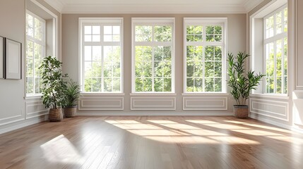 Fototapeta premium A wide-angle shot of an empty living room, featuring large windows that allow natural light to pour in, highlighting the neutral walls and polished hardwood floors.