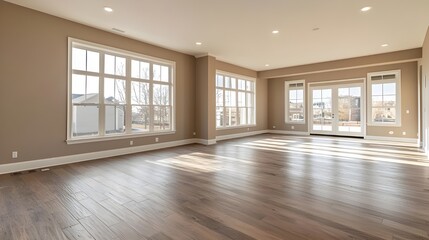 Fototapeta premium A spacious, empty open-plan living and dining area with large windows, neutral walls, and hardwood floors.