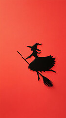 Silhouette of a witch on a broomstick on an orange background