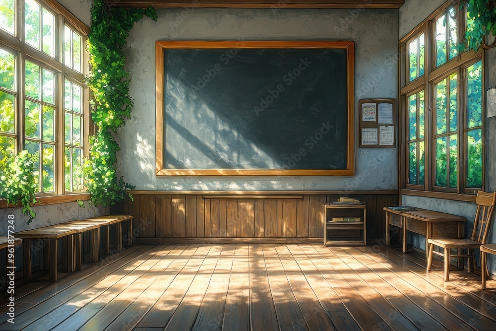 Poster empty classroom with sunlight streaming through windows