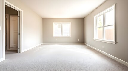 Obraz premium A clean and empty bedroom with a large window, soft carpet, and neutral-colored walls, ready to be personalized.
