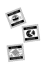 The line art of set mail stamps with food picture inside issolated on white