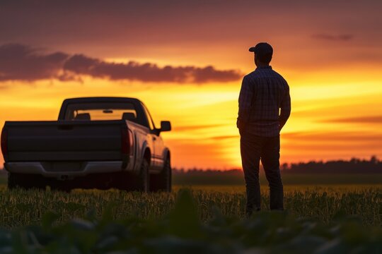 Pick-Up Truck Silhouette. Male Farmer Standing Alone at Sunset, Confidently Surveying Agricultural Farmland
