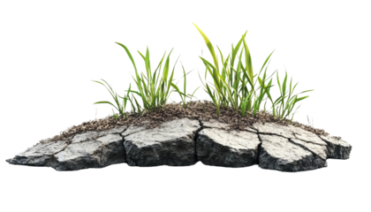 A patch of cracked earth with vibrant green grass sprouting, symbolizing resilience and nature's ability to thrive in harsh conditions.