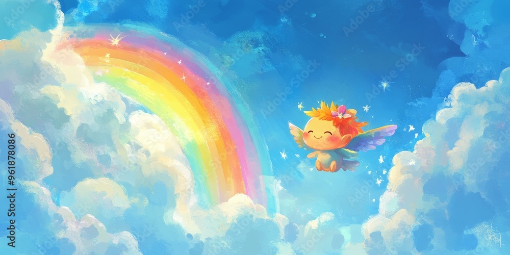 Sticker A cheerful angel flies near a rainbow in the clouds.