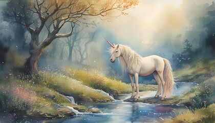 Magical unicorn by a tranquil stream in a serene watercolor landscape filled with soft, dreamy colors and enchanting natural beauty