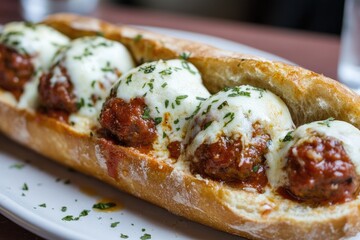 A meatball sub topped with marinara sauce and melted mozzarella, served on a crusty baguette