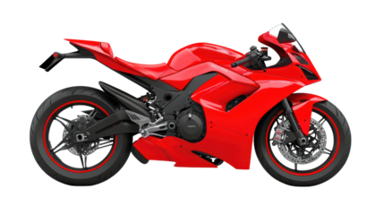 A sleek red motorcycle, exuding power and speed, stands ready for an exhilarating ride. Its sharp lines and bold design hint at the thrill that awaits. 