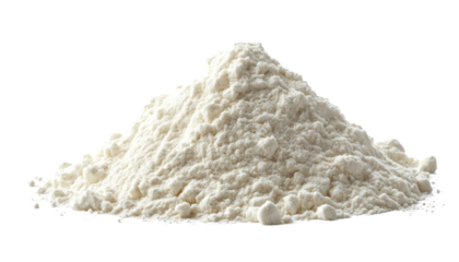 A pile of flour sits against a white background, perfect for culinary projects and baking recipes, showcasing fine texture and purity.
