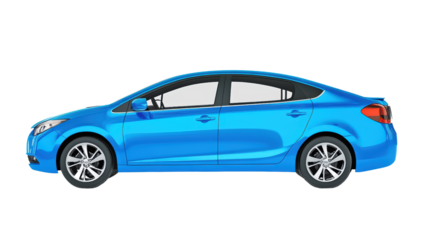 Blue sedan car side view. Modern blue car on transparent background. 