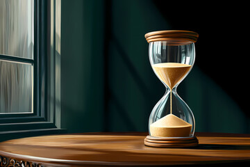 Vintage sand-glass timer on wooden table, An antique hourglass with sand on a black table, illustration. 