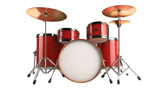 A red drum set isolated on a black background, ready to be played. The drums are shiny and new, promising an exciting musical experience.
