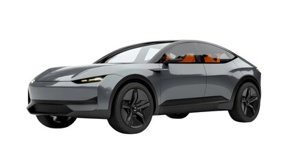 Fototapeta premium A sleek and sporty gray electric SUV car, showcasing its modern and futuristic design on a black background. The car appears powerful and eco-friendly, representing the future of transportation. 