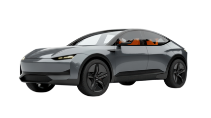 A sleek and sporty gray electric SUV car, showcasing its modern and futuristic design on a black background. The car appears powerful and eco-friendly, representing the future of transportation. 