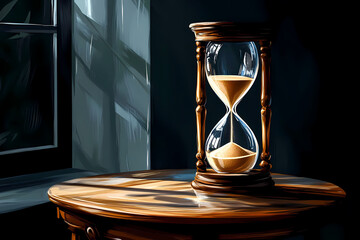 An antique hourglass with sand on a black table, illustration. 