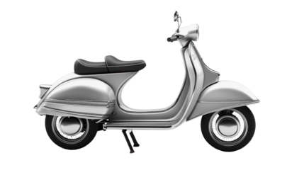 A silver, classic scooter is shown in profile, highlighting its vintage design and timeless appeal against a stark black background.  