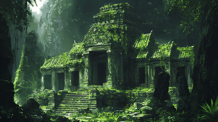An ancient temple overgrown with lush greenery in a jungle setting. Lush Jungle. Illustration
