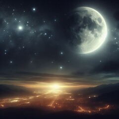 A breathtaking view of the Moon hovering above a city illuminated by golden lights, with a starry sky as the backdrop. This image perfectly captures the serene beauty of night, making it ideal for
