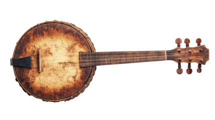 Old, worn banjo isolated on a black background. This vintage instrument evokes a sense of nostalgia and musical history. 