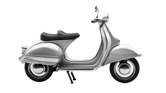 A silver, classic scooter is shown in profile, highlighting its vintage design and timeless appeal against a stark black background.  