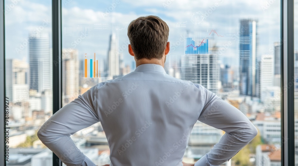 Poster a man standing in front of a window looking at graphs, ai