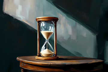 An antique hourglass with sand on a black table, illustration. 