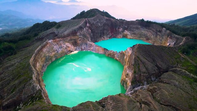 twin lakes formed from volcanic eruptions side by side with bright green and blue water, Kelimutu Lake of Flores Island Indonesia &lrm;25 &lrm;January &lrm;2023