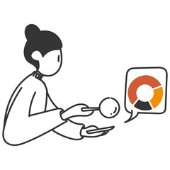 woman doing analysis chart with magnifying glass on the mobile phone in doodle cartoon style