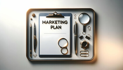 Stylish Business Clipboard and Pen Border Frame with Elegant 'Marketing Plan' Text and Ample Copy Space for Strategic Content in Photo Stock
