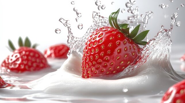 A strawberry falling into milk, dramatic splash, vivid red contrast, creamy white background, isolated on white background