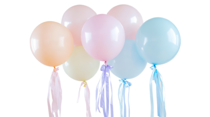 A bunch of colorful balloons with pastel ribbons, conveying a sense of joy and celebration. Isolated on black, these balloons add a touch of whimsy and festivity to any occasion. 
