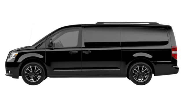 A sleek black passenger van, ready for any adventure. The polished exterior and tinted windows hint at the comfort and style within, promising a smooth and enjoyable ride. 