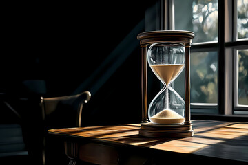 An antique hourglass with sand on a black table, illustration. 