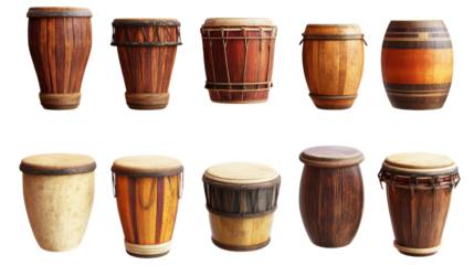 Ten various wooden drums are lined up in two rows, their colorful finishes and natural wood grains on display. The drums evoke a sense of rhythm and cultural heritage. 