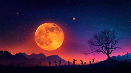 Monsters dancing under a blood moon, spooky scene, flat design illustration