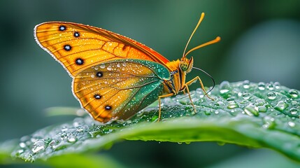 Obraz premium Dewy Butterfly on Green Leaf