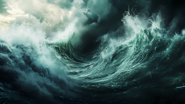 Apocalyptic dramatic background, giant tsunami waves, dark stormy sky, tornado. huge waves tsunami big waves. 3d render. Stormy Sea. Illustration