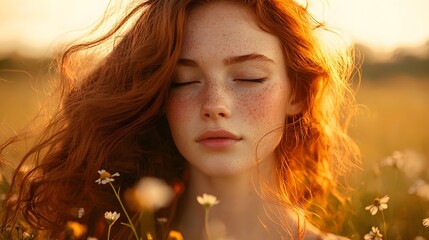 Fototapeta premium Redhead Woman with Freckles in a Field of Daisies at Sunset