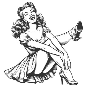 recommend clip art: cheerful pin-up woman laughing, her joyful expression and retro fashion sketch engraving generative ai fictional character vector illustration. Scratch board imitation. Black and white image.