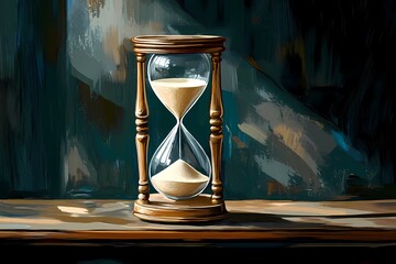 An antique hourglass with sand on a black table, illustration. 