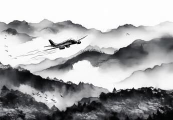 Silhouette of a plan flying over the mountains black and white.